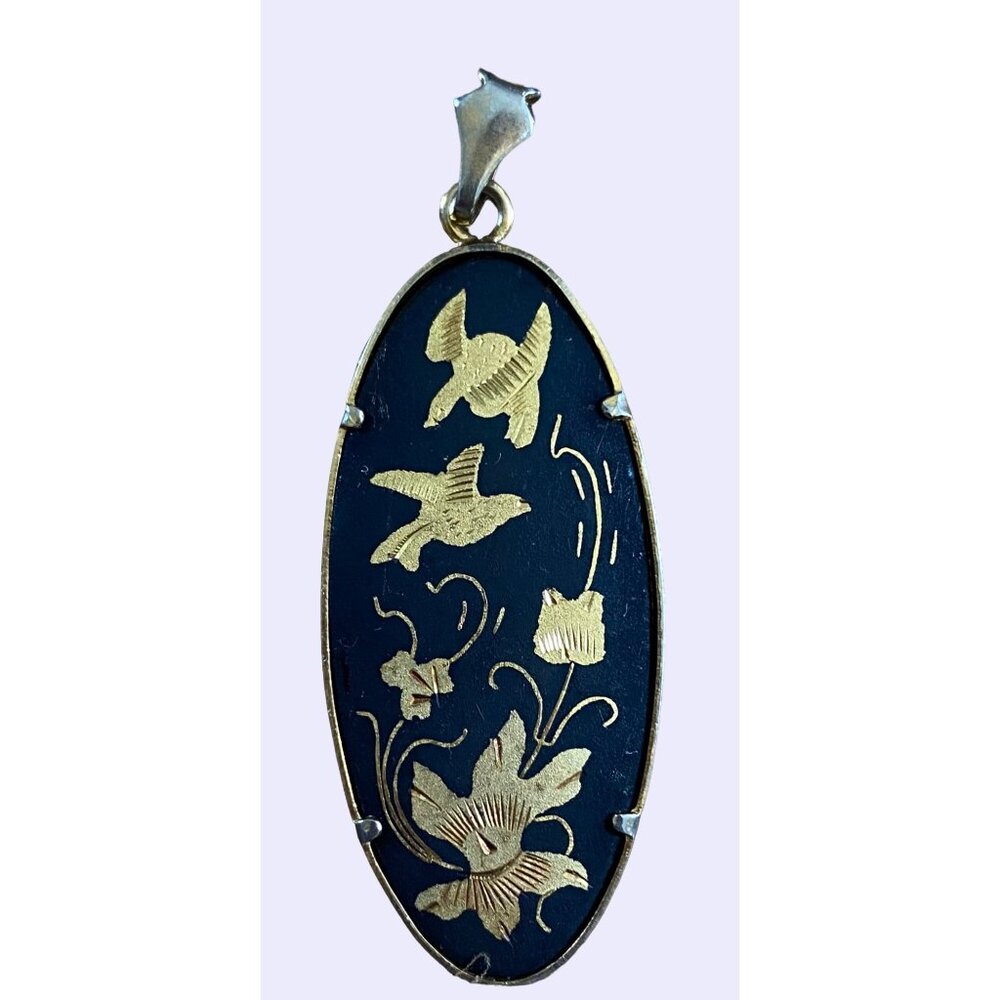 Beautiful bird and floral gold etched siam neillo work pendant